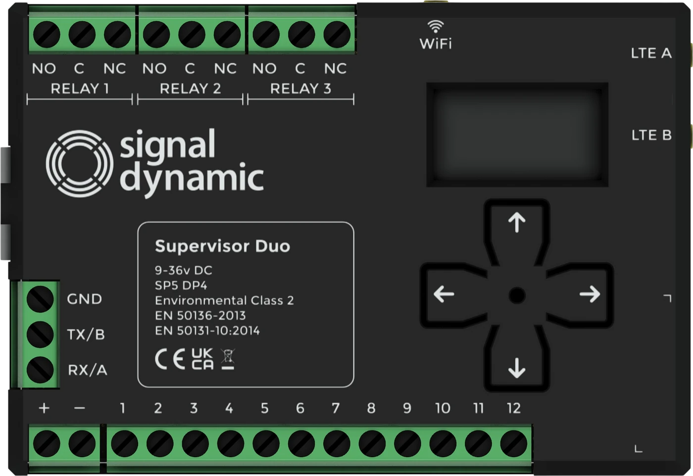 The Signal Dynamic Supervisor Duo signalling unit, showing its terminals, display and navigation buttons